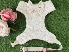 a white lace dog harness with pink roses on the grass next to it and an empty leash