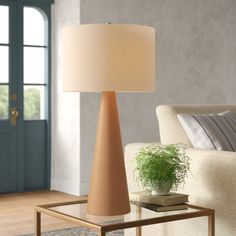 a living room with a table lamp and a potted plant on the coffee table