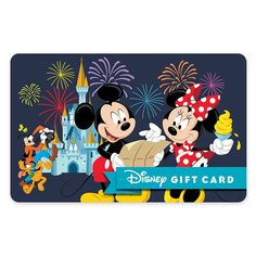 a mickey and minnie mouse gift card with fireworks in the background