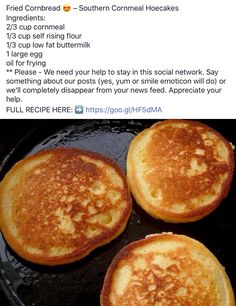 three pancakes cooking in a pan on top of a stove with the words, fried cornmeal hotcakes 1 cup of self rising flour