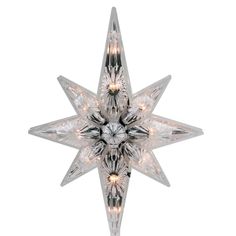 a star shaped christmas ornament with lights on the top and bottom, set against a white background