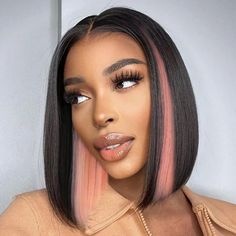 Three views of Peekaboo Hair Pink Highlighted Color Straight Short Bob Wig with HD Lace. Woman wearing wig, two mannequin views highlighting pink strands. Pink Peekaboo Highlights, Highlights Bob, Bob Pendek, Bob Ombre, Highlight Bob, Hair Aesthetics, Kort Bob, Peekaboo Highlights, Ombre Bob