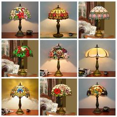 several different lamps are shown on a table top with the same color and pattern as each one