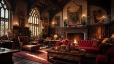 a living room filled with lots of furniture next to a fire place in a building