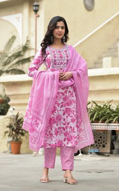 Pink & White Viscose Block Print & Embroidered Suit Set with Chanderi Cotton Dupatta Pink Kurti, Dupatta Style, Indian Pink, Embroidered Suit, White Kurta, Print Embroidery, Embroidery Detailing, Cotton Dupatta, Casual Wear Women