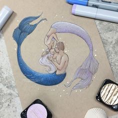 a drawing of a mermaid kissing a man