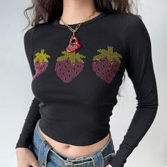 Strawberry Trio Longsleeve Shirt ~ HANDMADE – Pellucid Trendy Spring Tops With Strawberry Print, Fitted Casual Tops With Strawberry Print, Casual Fitted Strawberry Print Tops, Slim Fit Graphic Print Tops For Spring, Y2k Style Long Sleeve Tops For Night Out, Y2k Long Sleeve Tops For Night Out, Y2k Style Top For Night Out, Y2k Mini Top For Night Out, Edgy Long Sleeve Tops For Spring