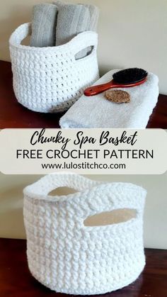 two crocheted baskets sitting on top of a wooden table