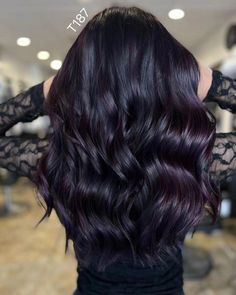 Purplish Black Hair Color, New Dark Hair Color Ideas, Black Hair With Red Violet Balayage, Black Amethyst Hair Color, Black Hair Plum Highlights, Black Hair With Tint Of Color, Black Orchid Hair Color, Midnight Violet Black Hair Color, Dark Hair With Violet Undertones