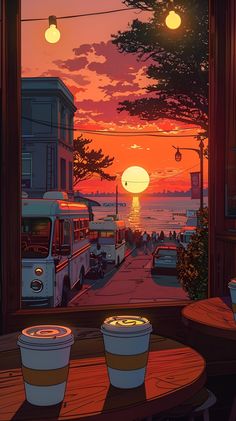 an image of a coffee shop with sunset in the background