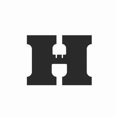 a black and white logo with the letter h in it's center, surrounded by two plugs