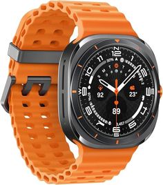 an orange watch with black face and rubber band