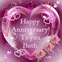 happy anniversary to you both with pink roses and hearts in the background on a purple heart - shaped card