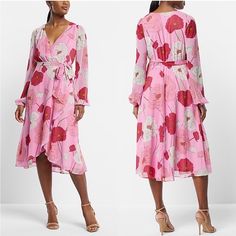 This Dress Is New With Tags And Has Only Been Worn To Try On. It Would Be Beautiful For A Summer Wedding! Express Size Small Flowy Pink Midi Dress For Brunch, Pink V-neck Midi Dress For Spring, Chic Pink Midi Dress For Spring, Chic Flowy Pink Dress, Pink Floral Print Knee-length Midi Dress, Pink Knee-length Midi Dress For Spring, Chic Pink Floral Print Midi Dress, Pink Flowy Knee-length Dress, Wrap Midi Dress