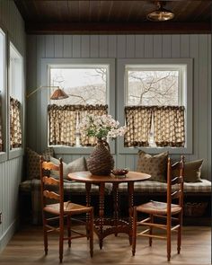 a table and chairs in a room with two windows