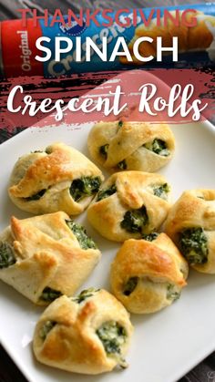 spinach crescent rolls on a white plate with text overlay reading thanksgiving spinach crescent rolls