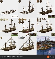 several different types of wooden crosses on a boat in the water, and an image of a pirate ship