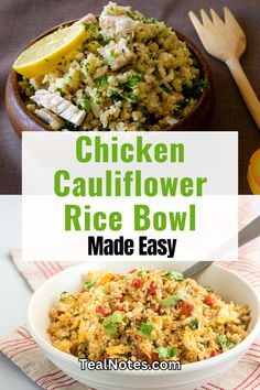 chicken cauliflower rice bowl made easy with lemons and parsley on the side