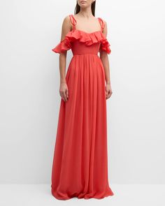 Fashion Magazine Photos, Silk Georgette Dress, Ruffled Gown, Georgette Gown, Coral Maxi Dresses, One Shoulder Gown, Coral Dress, Silk Gown, Chiffon Gown