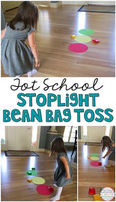 a collage of photos showing children playing with colored circles on the floor and in front of them