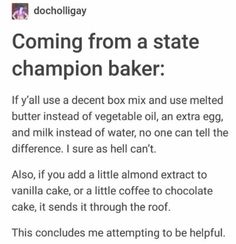 an email message from docolligay about the state champion baker's recipe