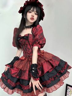 ❤︎Jacquard puff sleeve vest + fishbone corset + flared skirt❤︎ Rose Theme Outfit, Lolíta Dress Red, Poses Reference Dress, Corset Dress Sewing Pattern, Clothes Inspo Drawing, Devilcore Outfits, Dress With Corset On Top, Corset Hair, Sleeves Reference