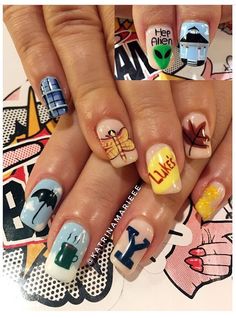 Friends Tv Show Thanksgiving Nails, Movie Nails Art, Tv Show Nail Art, Gilmore Girls Nails Aesthetic, The Office Nails, Tv Show Inspired Nails, Gilmore Girls Nails, Movie Inspired Nails, Bookish Nails