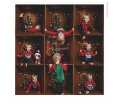 a group of toddlers dressed in christmas pajamas and matching sweaters, sitting on wooden shelves