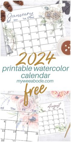 the printable watercolor calendar is shown with flowers and pineconi on it