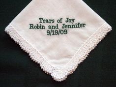 This cotton and lace hanky will commemorate a special event.Tell me the names and date of your special event and the color of the thread you would like.I recommend adding a hanky box for a beautiful presentation.My hankies do not have a heavy white paper backing to show through. I use a backing that dissolves when I iron the hanky. Classic Handkerchiefs With Lace Trim As Gift, Customizable White Handkerchiefs For Anniversary, Personalized White Handkerchiefs For Special Day, Personalized Handkerchief Wedding, Lace Hankies, Personalized Handkerchiefs, Wedding Hankies, Linen Dinner Napkins, Wedding Handkerchief