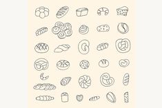 a bunch of different types of breads on a white background with the words bakery written below it