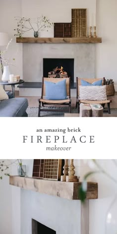 an amazing brick fireplace makeover is featured in this living room with blue and white furniture