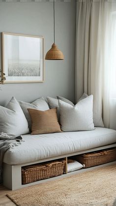 a living room with a couch and some baskets