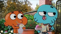 an animated image of two cartoon characters eating ice cream and milkshakes in front of a house