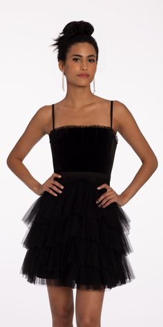 Camille La Vie Velvet Tiered Mesh Fit and Flare Dress Homecoming 2023, Black Women Dress, Steal The Spotlight, Glitter Sandals, The Velvet, Petite Dresses, Party Event, Fitted Bodice, Fit And Flare Dress