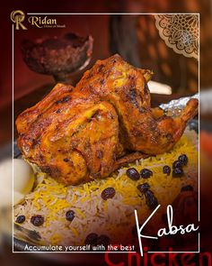 an advertisement for kabab chicken with rice and raisins on the side