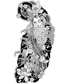 a black and white drawing of a koi fish with flowers on it's side