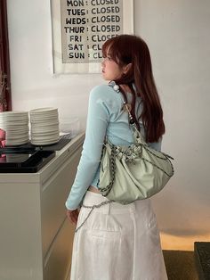 Material: Polyester Size: one size Model: 161cm/47kg 高さ 横 one size 46cm 35cm Casual Crossbody Shoulder Bag With Chain, Chain Shoulder Bag For Travel, Daily Use Shoulder Bag With Chain, Trendy Hobo Shoulder Bag With Chain Strap, Trendy Hobo Bag With Chain Strap, Backpack Y2k, Aesthetic Designer, Y2k Accessories, Beauty Of Simplicity