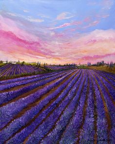 a painting of a lavender field at sunset