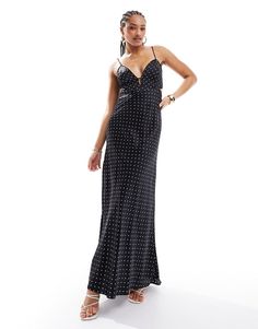 Dresses by Bardot Coming soon to your IG feed Polka-dot print Plunge neck Adjustable straps Tie-back fastening Regular fit Ig Feed, Prom Dress Shopping, Winter Party Dress, Satin Maxi, Satin Maxi Dress, Brunch Outfit, Satin Slip Dress, Maxi Dress Trend, Prom Party Dresses