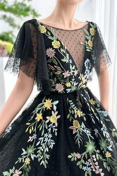 Accept custom size. Midi Black Dress, Floral Pattern Dress, Black Dress With Sleeves, Dress With Sleeves, Fabric Accessories, Guest Dress, Prom Party, Tea Length, Formal Wedding