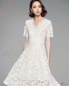 Elluis - Shenzhen Nanyou Chic Ivory Dress with V-neck, Elevated Waistline, and Delicate Lace Embellishments Lace Embellishments, Ivory Dress, Ivory Dresses, Skirt Skirt, Lace Pattern, Types Of Skirts, Shenzhen, Single Piece, Types Of Collars