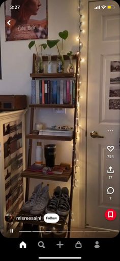 a room with a ladder, bookshelf and various items on the shelves in front of it