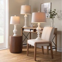 three lamps are sitting next to each other on a table with a chair and desk