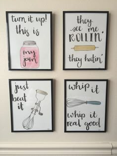 four framed art pieces on the wall with kitchen sayings in black, white and pink