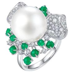 Jewellery Pearl, Emerald Cabochon, Emerald And Diamond Ring, Emerald Diamond Ring, Contemporary Ring, Sea Pearl, White Gold Diamond Rings, South Sea Pearls, Sea Pearls