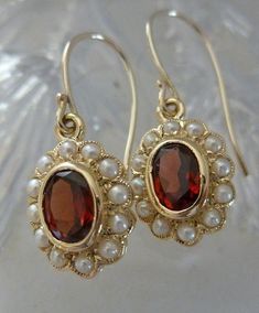 Vintage Garnet Earrings with Pearls Solid Gold 9ct 9k 14k Vintage Garnet Earrings, Ornate Earrings, Earrings With Pearls, Earrings Antique, Garnet Earrings, Jewelry Lookbook, Victorian Jewelry, Girly Jewelry