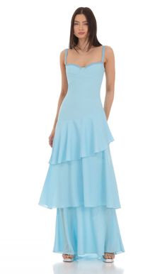 Long Ruffle Maxi Dress in Light Blue Baby Blue Long Dress Modest, Sky Blue Dress Casual Long, Pretty Light Blue Long Dress, Baby Blue Elegent Dress, Powder Blue Chiffon Dress, Sky Blue Bridesmaid Dresses Tulle & Chantilly, Baby Blue Bridesmaid Dresses Formal, Baby Blue Dress For Weddings, Light Blue Prom Dress Cheap