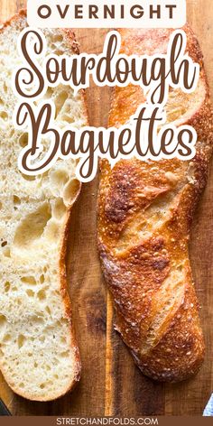 a loaf of sourdough baguettes sitting on top of a wooden cutting board