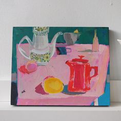 a painting on a shelf with a tea pot and fruit